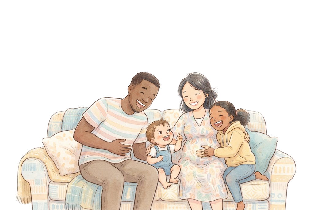 Illustration: Familie lacht gemeinsam auf dem Sofa